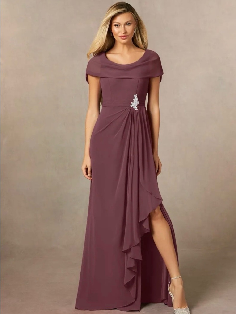 Azazie Mauve Evening Dress with Jeweled Waist